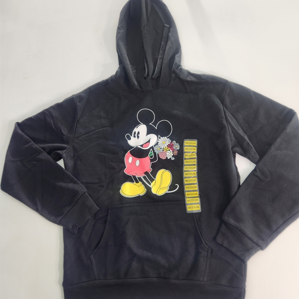 Disney  Hoodie Size M Mickey Mouse Women's Black Embroidered Flowers New  01